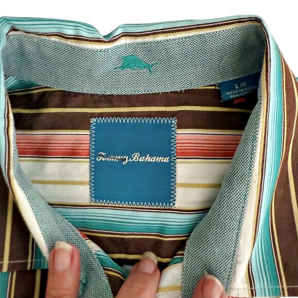 Tommy Bahama Cabana Lanes Brew Stripe Silk Blend L/S Button Down Shirt LARGE - Picture 4 of 8